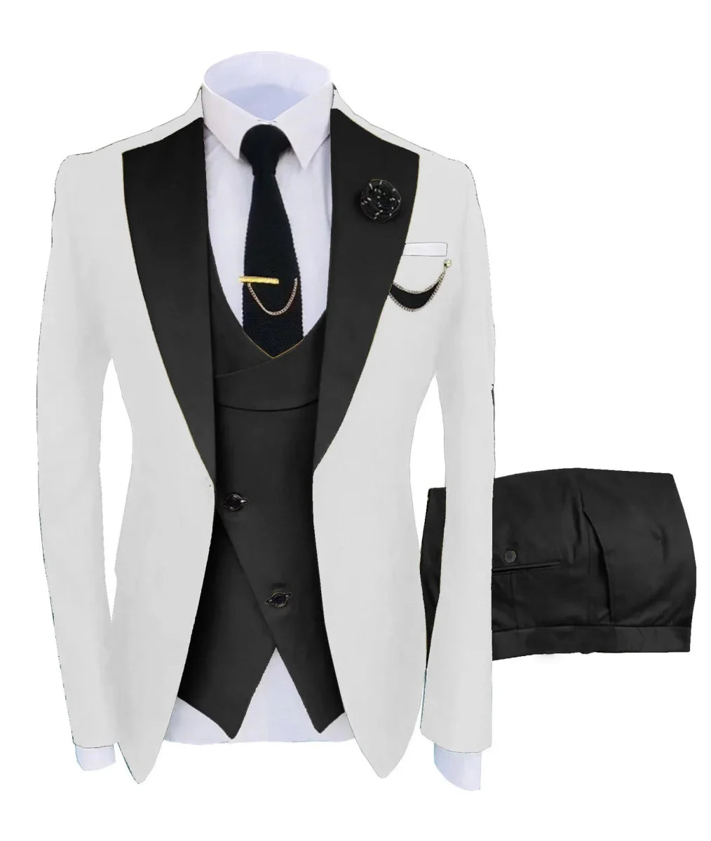 Men's 3-piece slim fit suit with peak lapel, cotton tuxedo, blazer, pants, and vest, stylish and tailored for formal occasions.