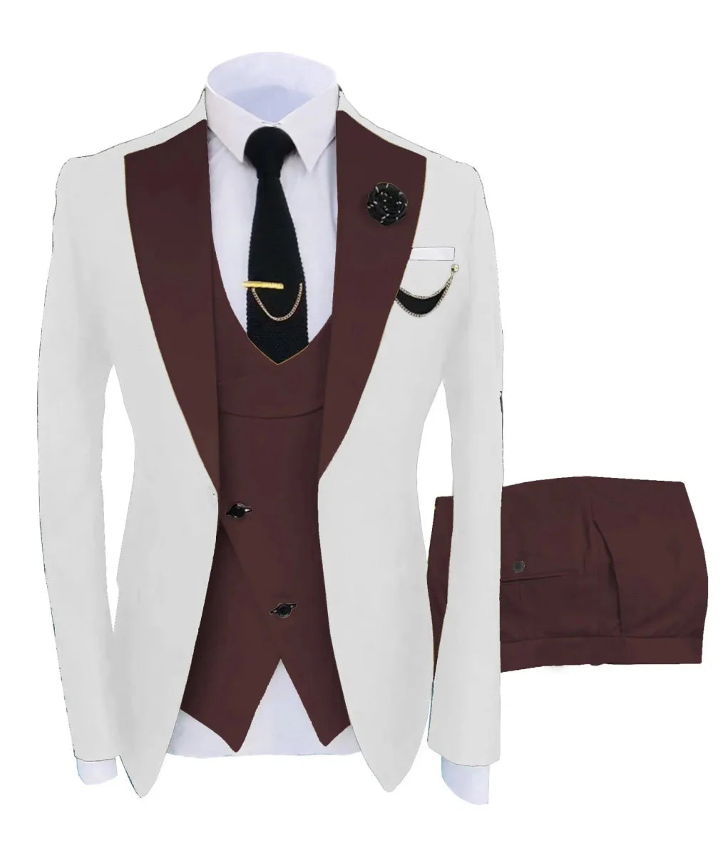 Showlu Fashion men's 3-piece slim fit suit with peak lapel, cotton tuxedo, featuring blazer, trousers, and vest in a full set display.
