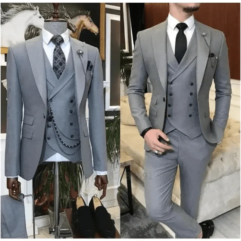 SHOWLU FASHION men's 3-piece khaki suit with blazer, vest, and pants, slim fit formal cotton set for weddings and special occasions