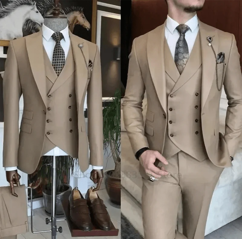SHOWLU FASHION men's 3-piece slim fit khaki suit with blazer, vest, and pants for formal occasions, weddings, and events.