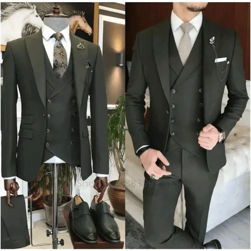 SHOWLU FASHION men's 3-piece slim fit khaki suit with blazer, vest, and pants, ideal for formal occasions and weddings.