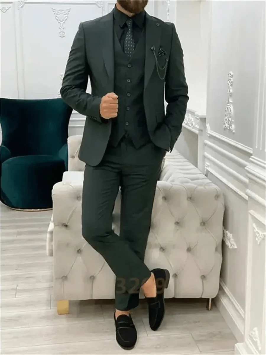 Showlu men's 3-piece green suit with slim fit wool blazer, vest, and pants for wedding or business occasions.