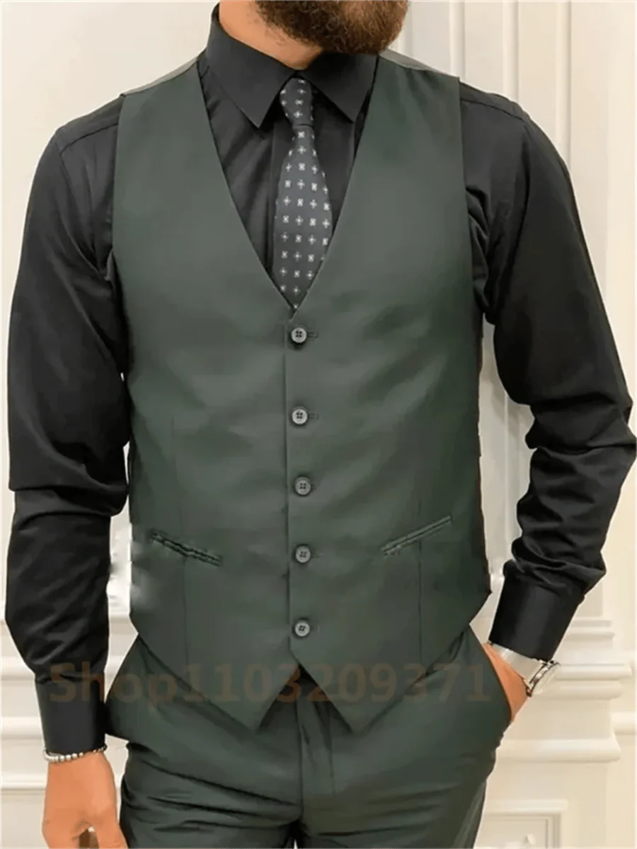 Showlu men's 3-piece green suit with slim fit wool jacket, vest, and pants for wedding or business occasions.