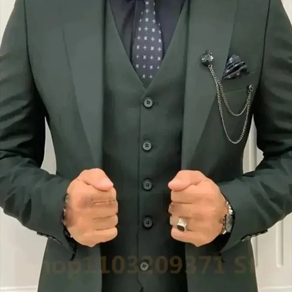 Showlu men's 3-piece green suit with slim fit wool jacket, vest, and pants, ideal for wedding or business occasions