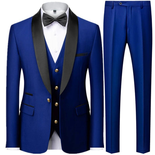 3 Pieces Set Men's Business Blazers Coat / Male Slim Fit Color Matching Collar Suit Tuxedo Leisure Jacket Pants Vest Wedding - SHOWLU FASHION STORE