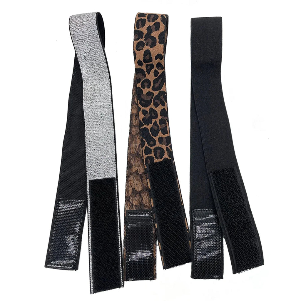 Showlu 3-piece wig elastic band set with leopard and silvery lace for securing and laying edges on lace wigs.
