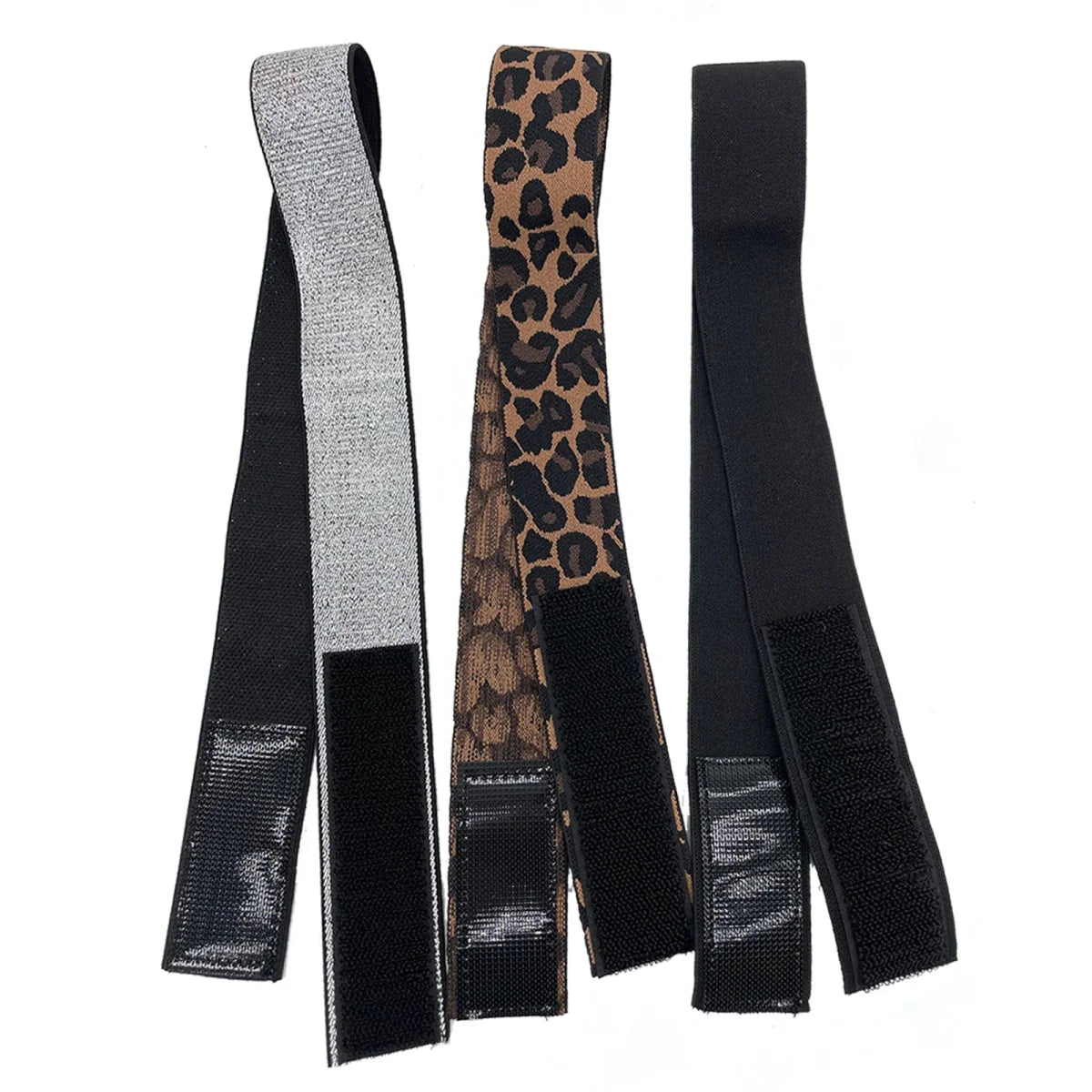 Showlu 3-piece wig elastic band set with leopard and silvery lace for securing and laying edges on lace wigs.
