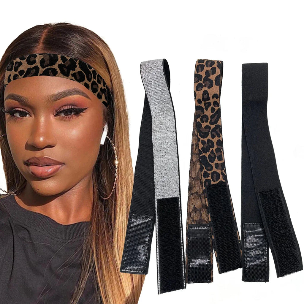 Showlu 3-piece wig elastic band set with leopard and silver lace for securing lace wigs and laying edges, adjustable fit.