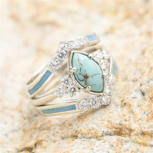 3 Pieces/Set Women's Turquoise Rings Delicate Moissanite Engagement Wedding Rings Anniversary Birthday Christmas Gift Jewelry - SHOWLU FASHION STORE