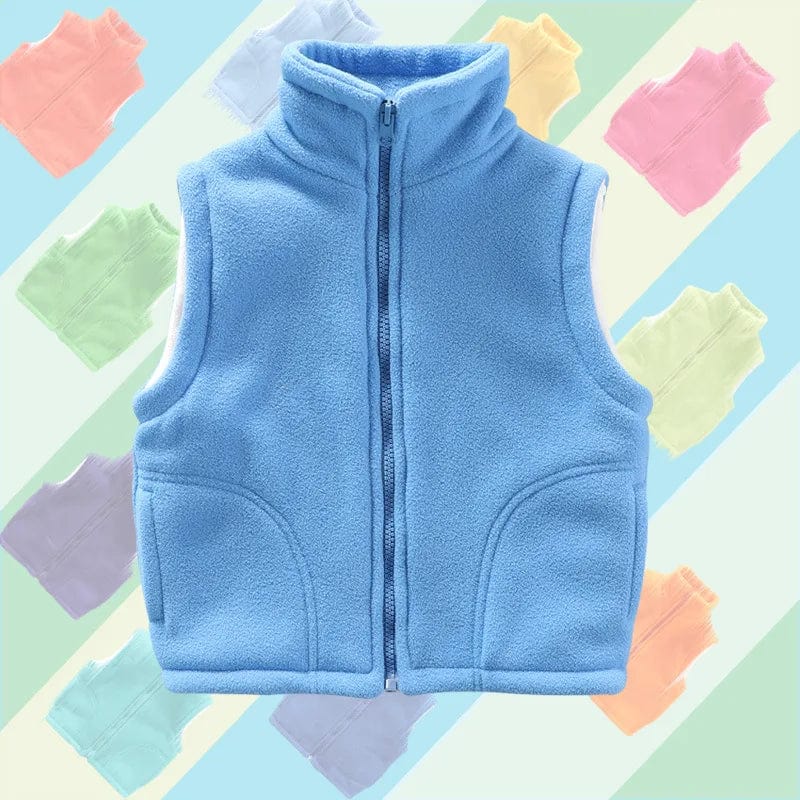 Kids polar fleece vest by Showlu Fashion, sleeveless winter jacket for children ages 3 to 10, warm and cozy outdoor wear.