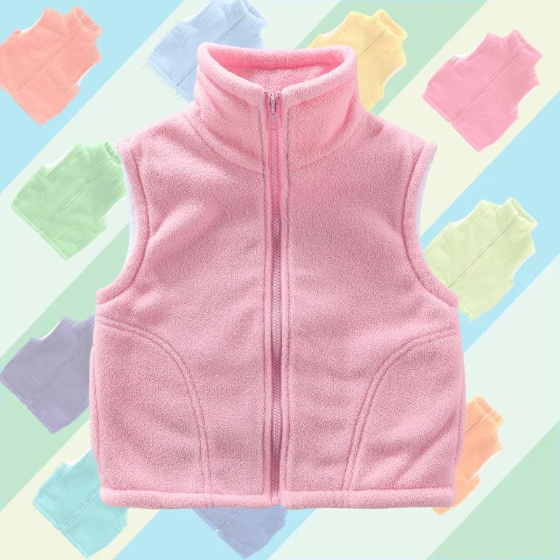 Kids polar fleece vest by Showlu Fashion Store, sleeveless winter jacket for boys and girls, warm and cozy outdoor outerwear.