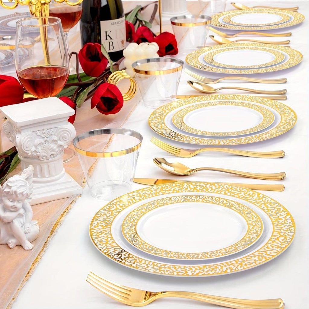 Showlu Fashion Store WDF 300-piece plastic dinnerware set with gold and silver plates for 50 guests, including plates and utensils