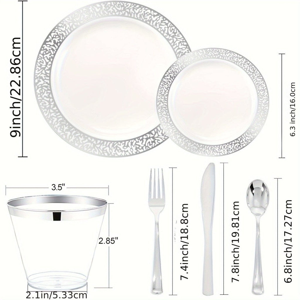 Showlu Fashion Store WDF 300-piece plastic dinnerware set with gold and silver plates for 50 guests, including dinner, dessert plates, and cutlery.