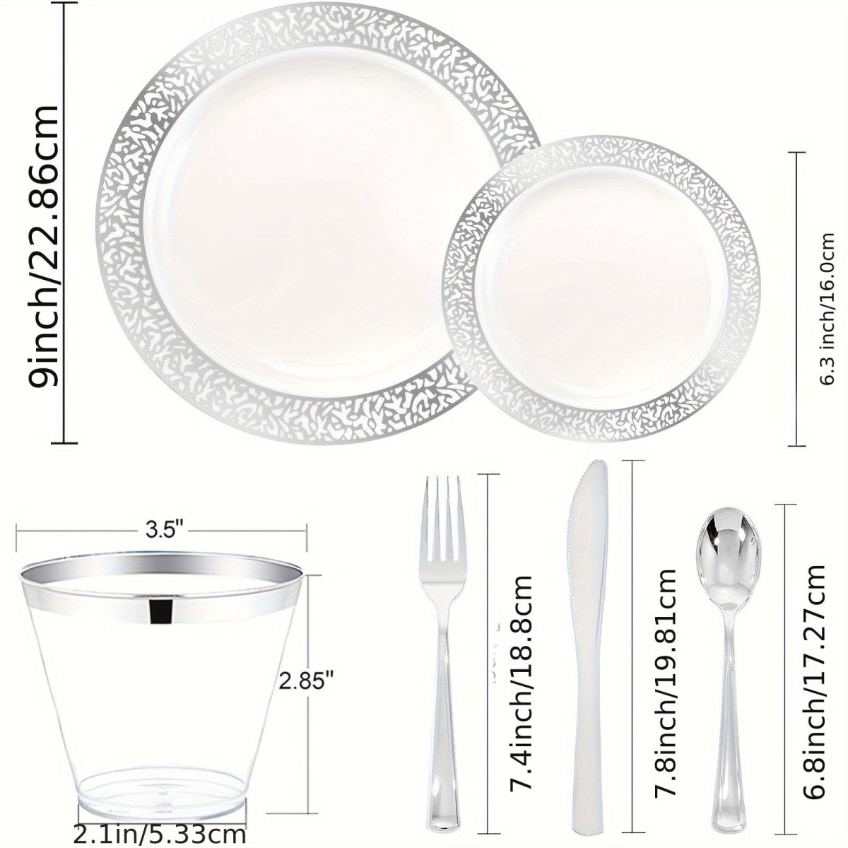 Showlu Fashion Store WDF 300-piece plastic dinnerware set with gold and silver plates for 50 guests, including dinner, dessert plates, and cutlery.