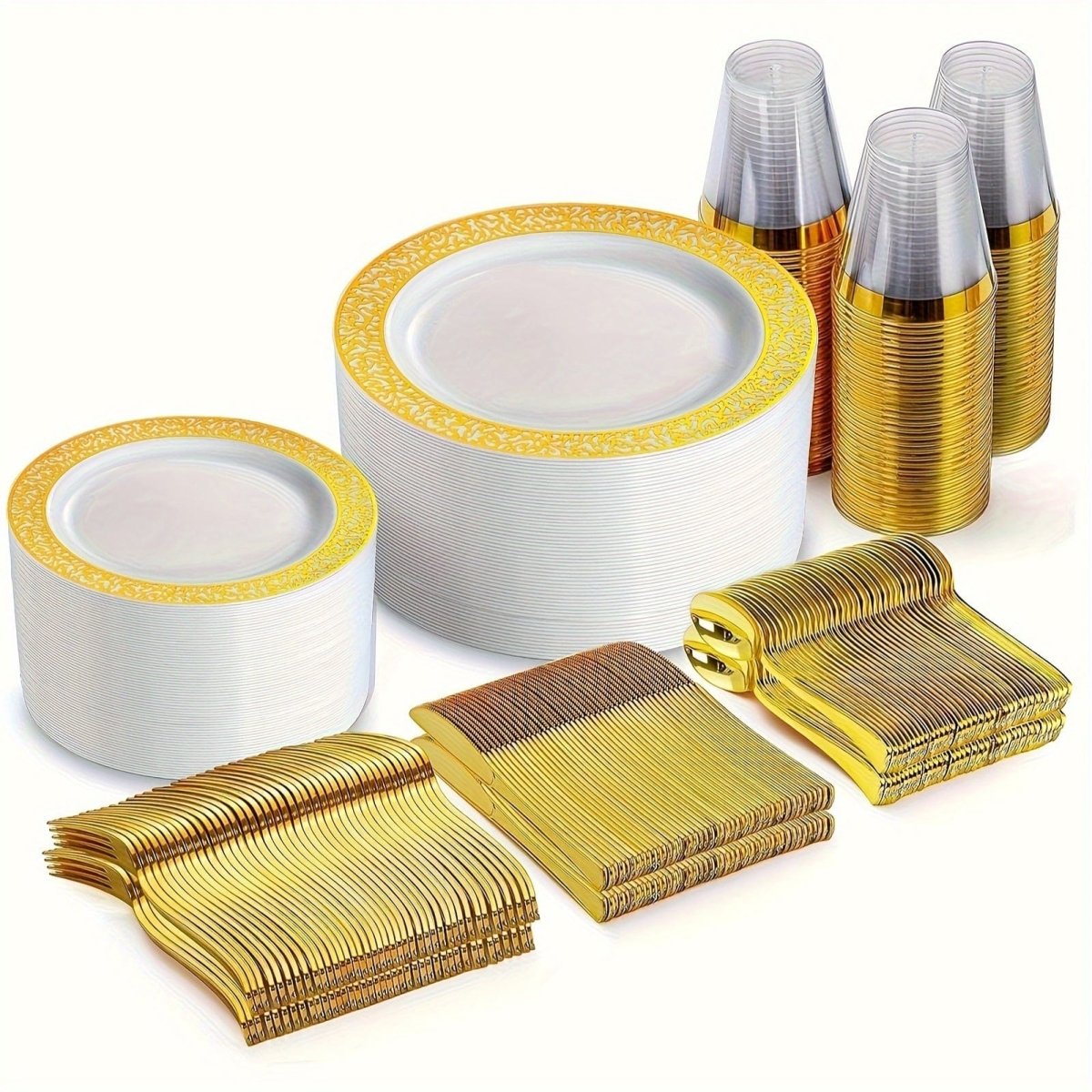 Showlu Fashion plastic dinnerware set with gold and silver plates, 300 pieces for 50 guests, including dinner, dessert plates, and knives.