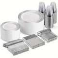 Showlu Fashion WDF 300-piece plastic dinnerware set with gold and silver plates for 50 guests, includes dinner and dessert plates, cutlery