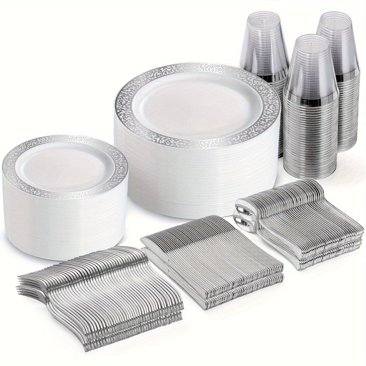 Showlu Fashion WDF 300-piece plastic dinnerware set with gold and silver plates for 50 guests, includes dinner and dessert plates, cutlery