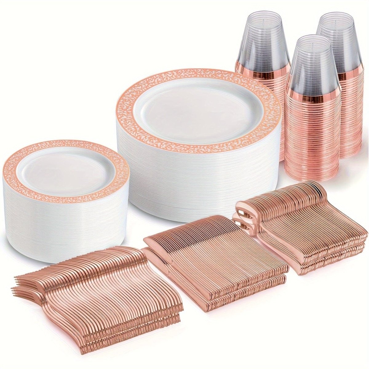 Showlu Fashion Store 300-piece plastic dinnerware set with gold and silver plates, perfect for 50 guests, includes plates and utensils.
