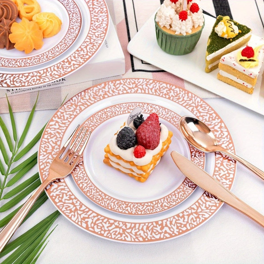 Showlu Fashion WDF 300-piece plastic dinnerware set with gold and silver plates for 50 guests, including dinner and dessert plates.