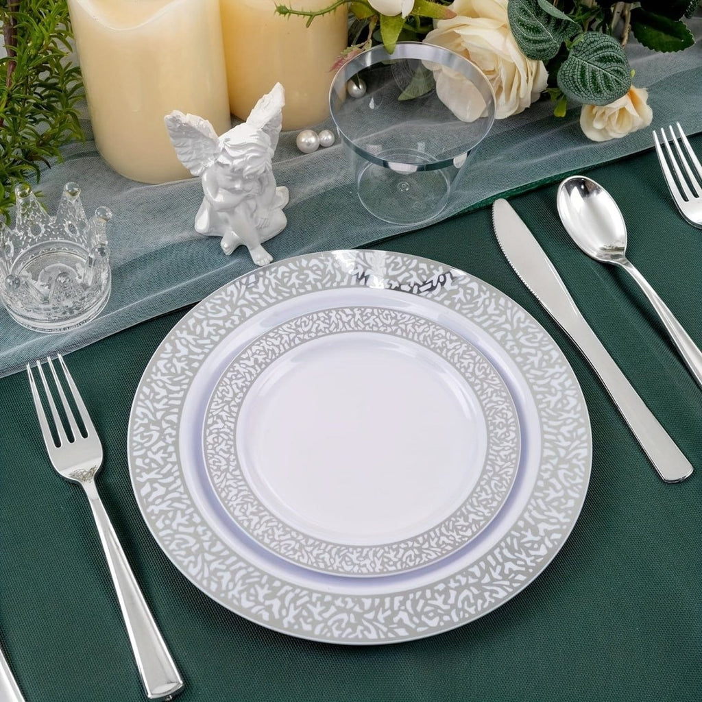 Showlu Fashion plastic dinnerware set with gold and silver plates, includes 50 dinner plates, dessert plates, and utensils for 50 guests