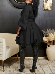 Solid V-neck Button Front Dress, Elegant Lantern Sleeve Swing Dress For Spring & Fall, Women's Clothing