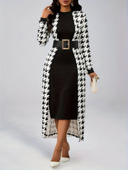 Women's Fashionable and Elegant Casual Houndstooth Pattern Long Sleeve Dress without Belt, Elegantly Targeted