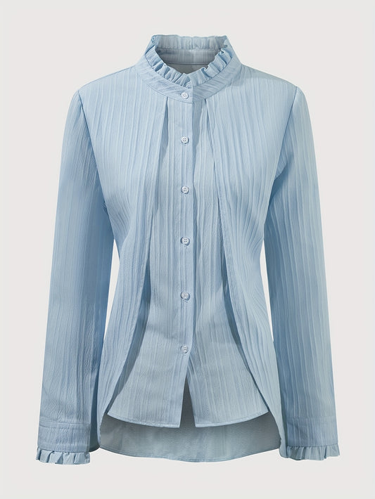 Women's Elegant Long Sleeve Blouse with Puffed Shoulders & Ruffled Cuffs - Semi-Sheer Textured Button-Up Shirt, Stack Neck Non-Stretch Top for Spring Summer Fall, Machine Washable, Seasonal Fashion, Pileated Collar, Flowing F