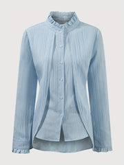 Women's Elegant Long Sleeve Blouse with Puffed Shoulders & Ruffled Cuffs - Semi-Sheer Textured Button-Up Shirt, Stack Neck Non-Stretch Top for Spring Summer Fall, Machine Washable, Seasonal Fashion, Pileated Collar, Flowing F