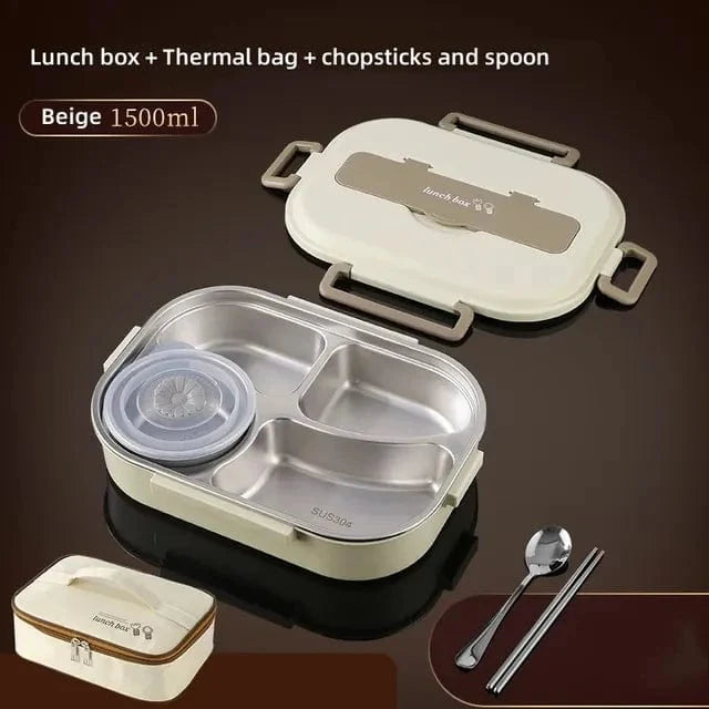 Showlu 304 stainless steel insulated lunch box with multiple compartments, leakproof design, ideal for office or school meals.