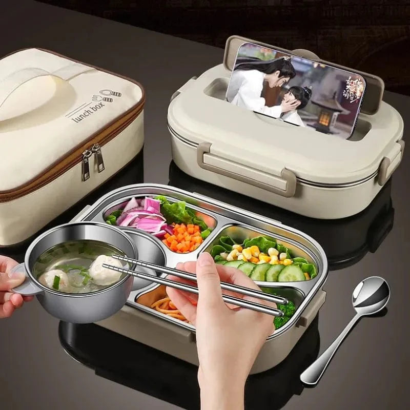 Showlu stainless steel insulated lunch box with multiple compartments, leakproof design, ideal for office workers and students.