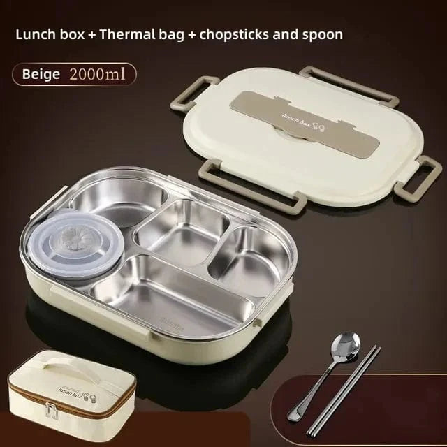 Showlu 304 stainless steel insulated lunch box with multiple compartments, leakproof design, ideal for office workers and students.