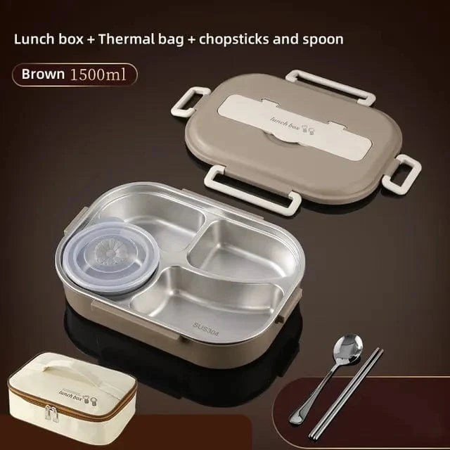 Showlu stainless steel insulated lunch box with multiple compartments, leakproof design, ideal for office workers and students.