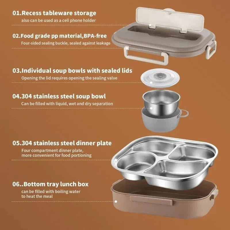 Showlu stainless steel insulated lunch box with multiple compartments, leakproof design, suitable for office workers and students