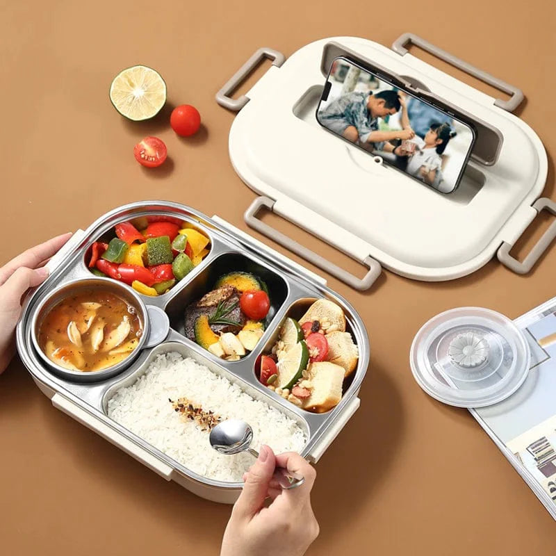 Showlu stainless steel insulated lunch box with multiple compartments, leakproof design, ideal for office workers and students.