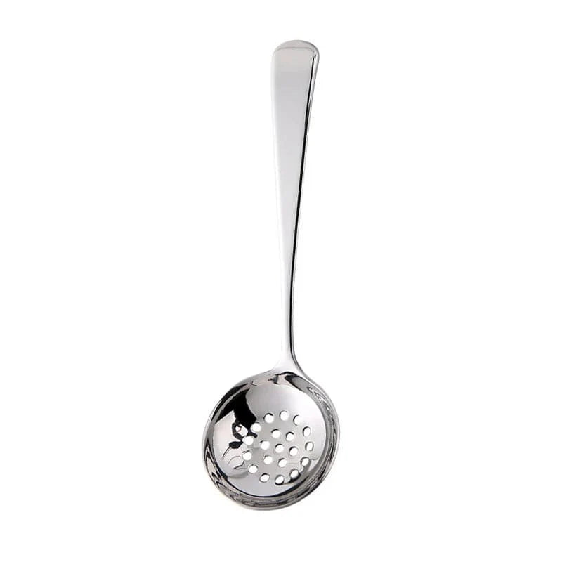 Stainless steel long handle soup spoon and colander skimmer for hot pot, ramen, and kitchen cooking tasks.