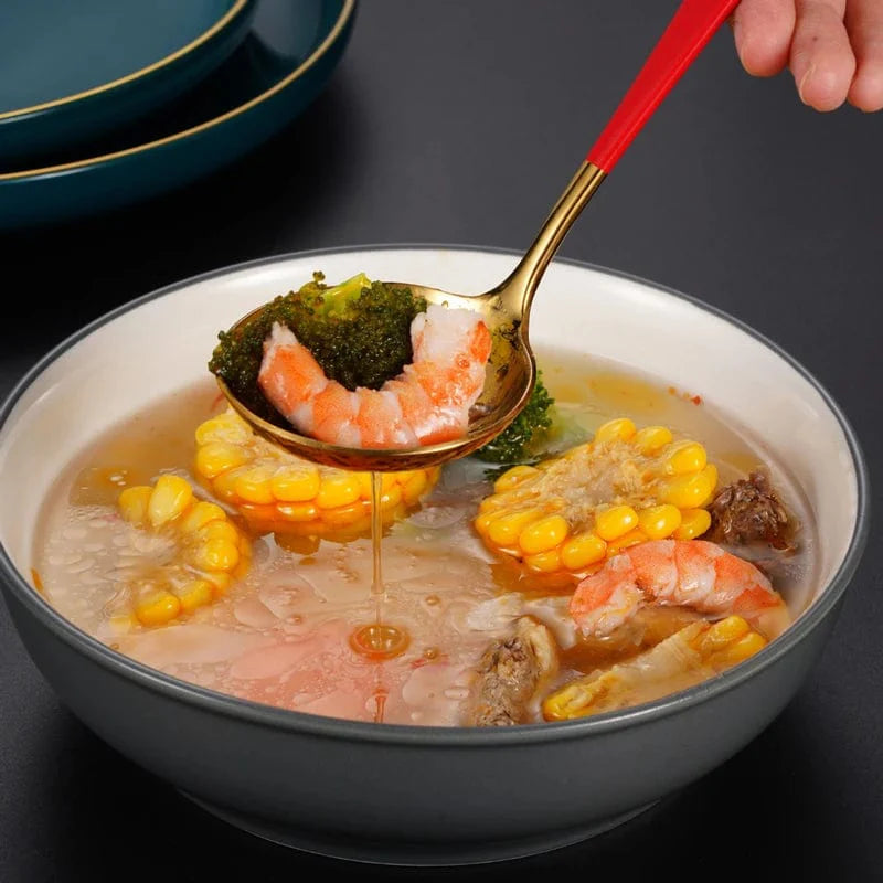 Stainless steel long handle soup spoon and colander skimmer for hot pot, ramen, and kitchen cooking tasks.