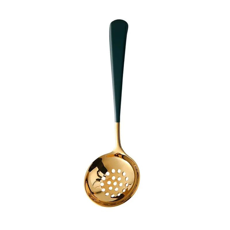 Stainless steel long handle soup spoon and colander skimmer for hot pot, ramen, and kitchen cooking, showing shiny kitchenware.