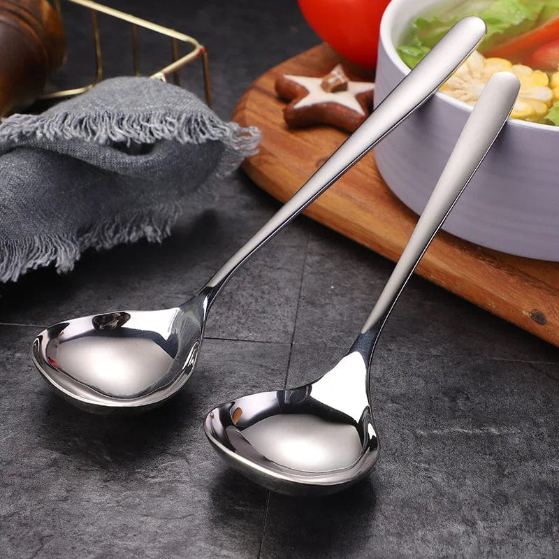 304 stainless steel long handle soup spoon and colander skimmer for hot pots, ramen, and kitchen cooking tasks.
