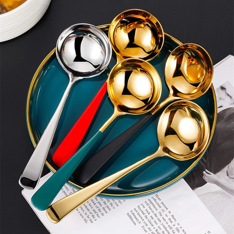 Stainless steel long handle soup spoon and colander skimmer, ideal for hot pots, ramen, and kitchen cooking tasks.