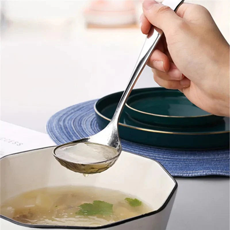 304 stainless steel long handle soup spoon and colander skimmer for hot pot, ramen, and kitchen cooking dishes.