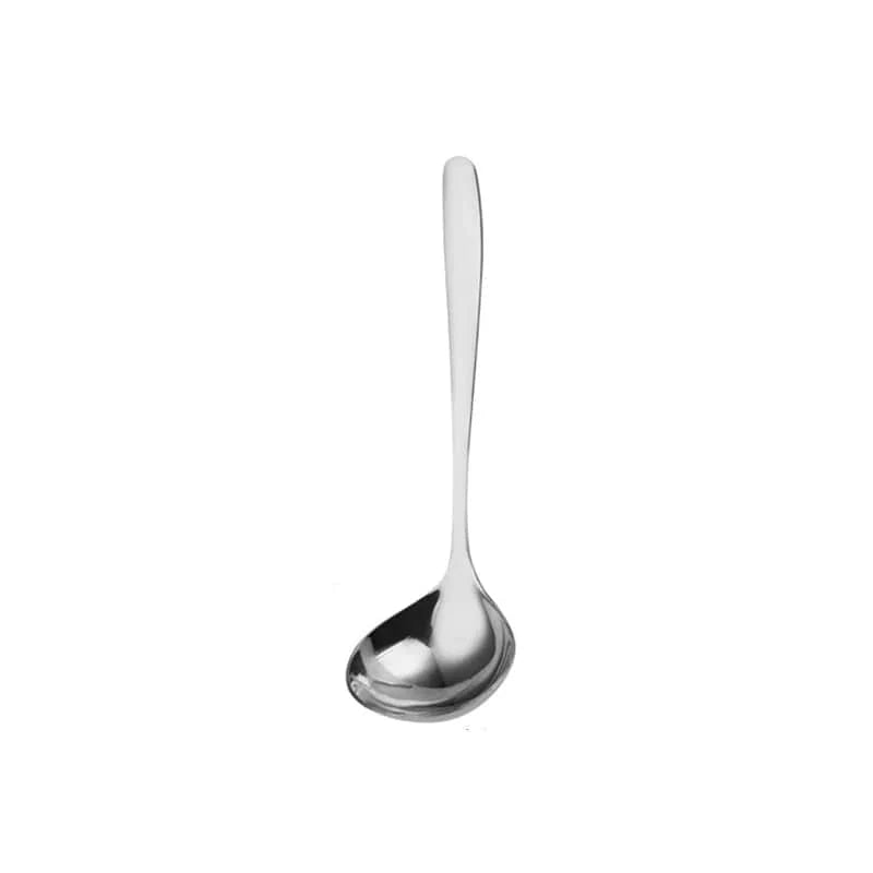 Stainless steel long handle soup spoon and colander skimmer for hot pot, ramen, and kitchen dishes, showing a shiny kitchen utensil set.