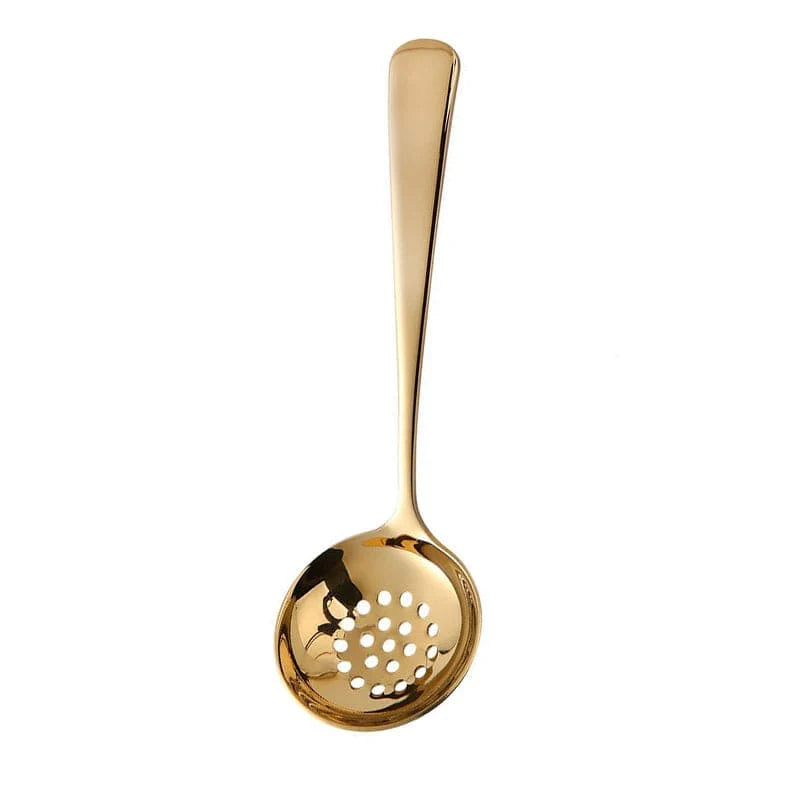 Stainless steel long handle soup spoon and colander skimmer for hot pot, ramen, and kitchen cooking tasks.