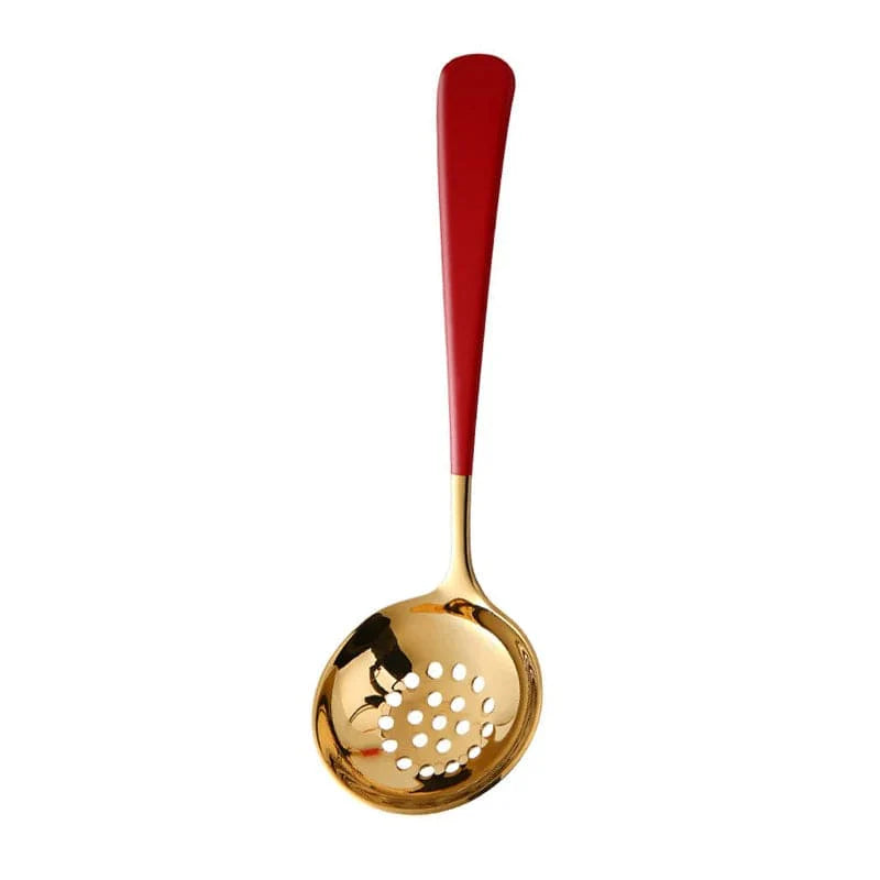 Stainless steel long handle soup spoon and colander skimmer for hot pots, ramen, and kitchen cooking, by Showlu Fashion Store.