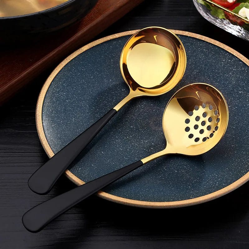 Stainless steel long handle soup spoon and colander skimmer for hot pot, ramen, and kitchen cooking tasks.