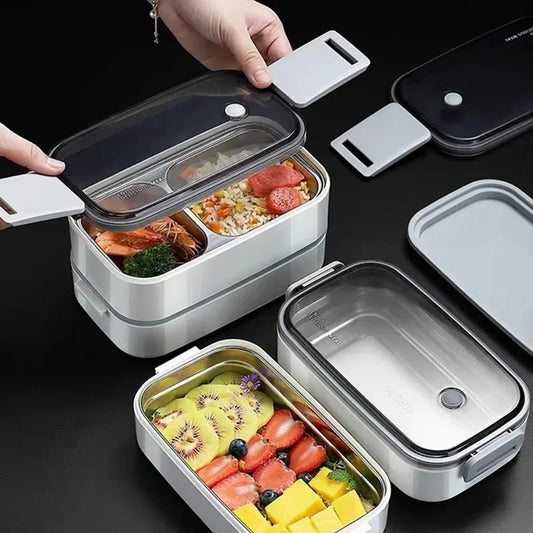 304 Stainless Steel Lunch Box for Adults Kids School Office 1/2 Layers Microwavable Portable Grids Bento Food Storage Containers - SHOWLU FASHION STORE