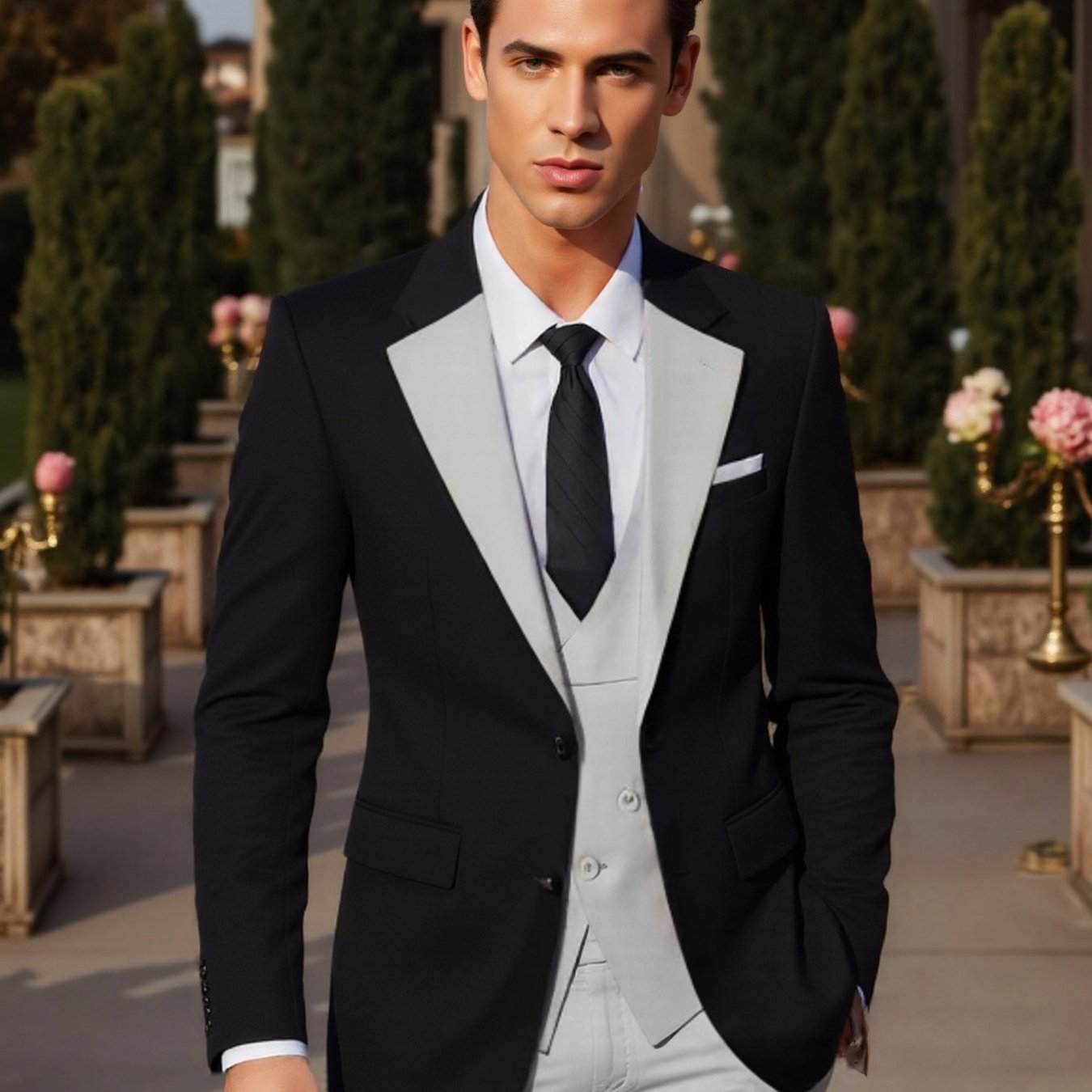 SHOWLU men's 3-piece slim fit wedding tuxedo with jacket, vest, and pants displayed on a mannequin.