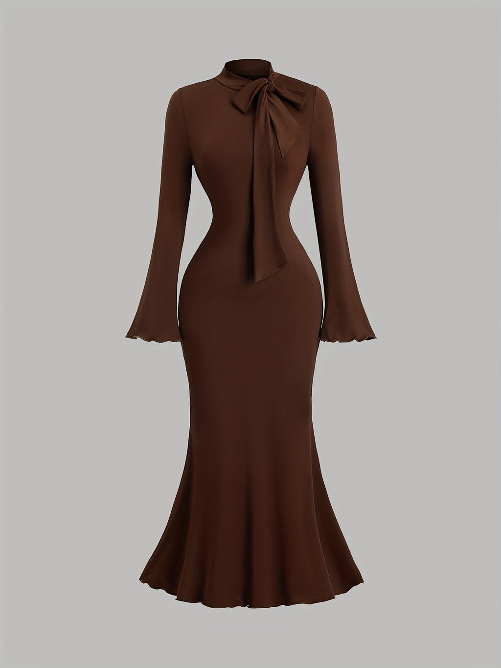 SHOWLU FASHION women's long-sleeve high neck mermaid bodycon dress displayed on a model, showcasing its fitted silhouette and elegant design.