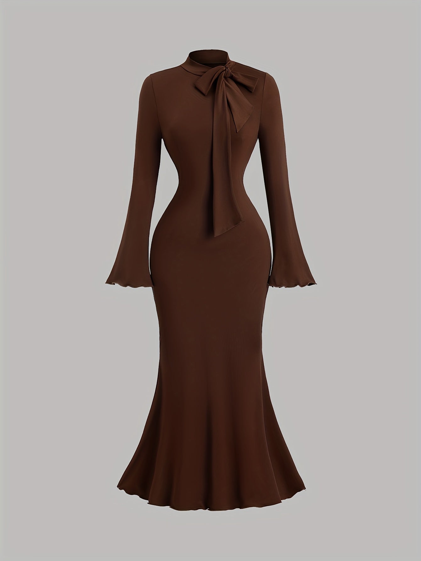 SHOWLU FASHION women's long-sleeve high neck mermaid bodycon dress displayed on a model, showcasing its fitted silhouette and elegant design.