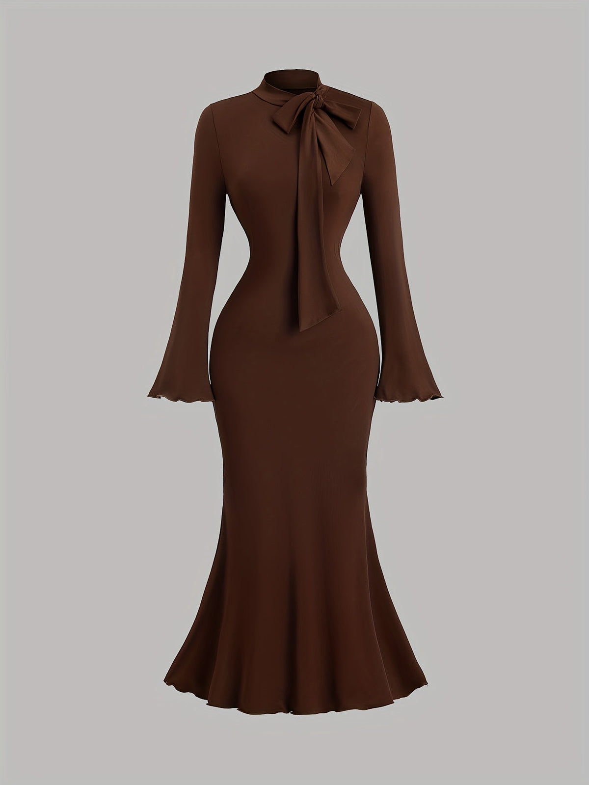 A solid brown long-sleeve mermaid dress featuring a high collar with a bow tie detail.