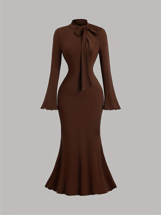 Elegant Long-Sleeve Mermaid Dress with a High Collar And Bow Tie, Fitted for Gatherings And Accentuating Curves.